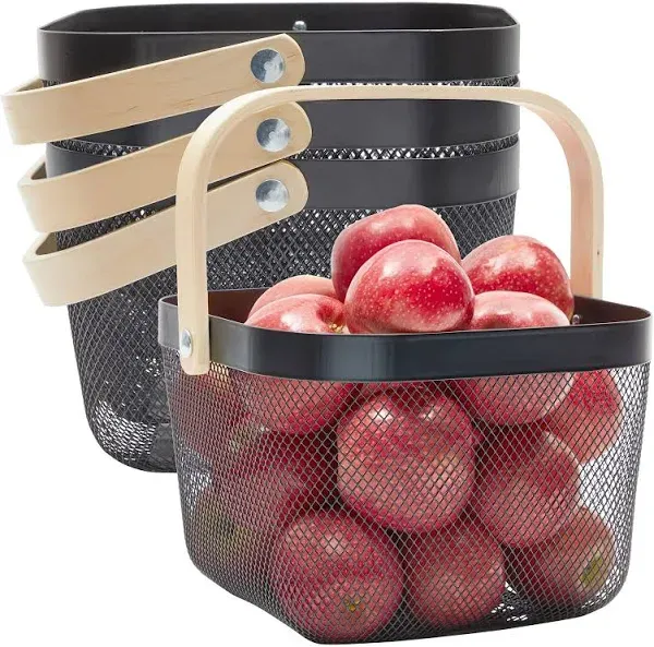 Juvale 4 Pack Square Mesh Fruit Basket with Wooden Handle