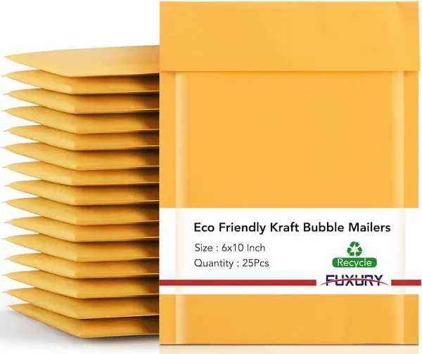 Fuxury Kraft Bubble Mailer 6x10 Inch 25 Pack，Strong Adhesion Padded Envelopes,Self Seal Bubble Envelopes, Waterproof Cushioned Bubble Mailers Packaging for Small Business，Bulk #0 Mailers Yellow