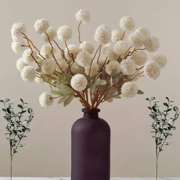 Faux Kiku Flower White - 10 Stems &amp; 18 Eucalyptus Stems(2 Branches), Small Mi...