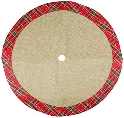 Rustic Burlap Mini Christmas Tree Skirt with Red Plaid Border - 20"