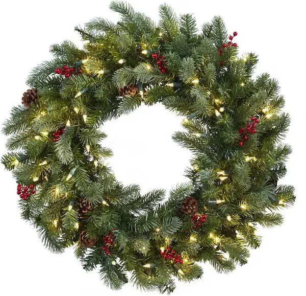 Nearly Natural 30" Lighted Pine Wreath with Berries and Pine Cones