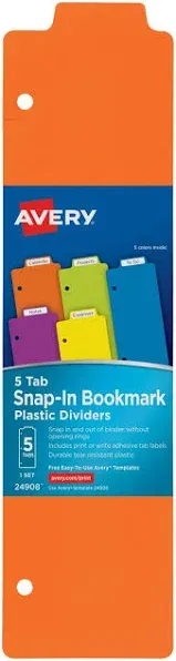 Avery Tabbed Snap-In Bookmark Plastic Dividers, 5-Tab, 11.5 x 3, Assorted, 1 Set