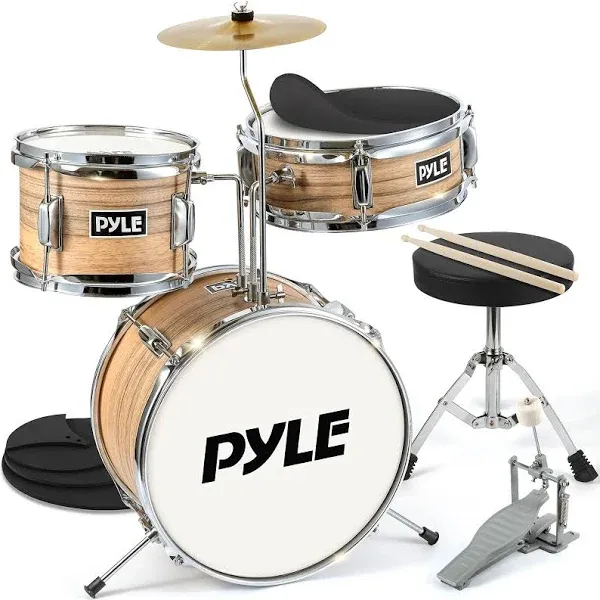 Pyle Kids Drum Set, 3 Piece Beginner Junior Drummer Kit with 13" Bass Drum, Snare, Tom, Cymbal, Adjustable Throne, Mutes, Drumsticks, Red