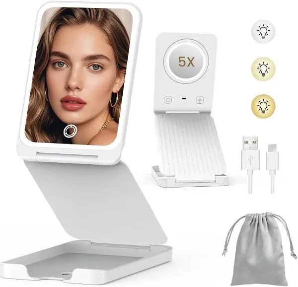 Travel Makeup Mirror with Lights, Portable 1X Vanity Mirror with 5X Lighted Magnification,72 LEDs 3 Color Lights, Rechargeable 1000mAh Battery, Freely Adjust Height and Angle