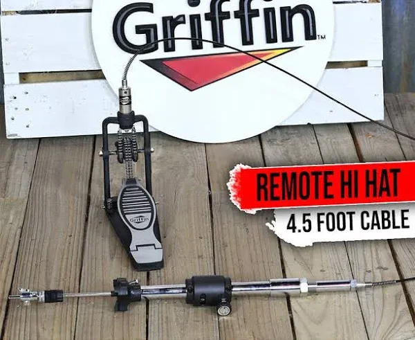 Griffin Remote Hi Hat Stand with Foot Pedal Drummers Cable Auxiliary Cymbal High Hat Percussion Hardware with Drum Key | Heavy Duty Sturdy HiHat Holder | All Metal Construction Mount Complete Kit