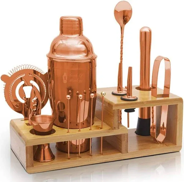 Bartender Kit with Cocktail Shaker, Stylish Bamboo Stand, Liquor Pourers for an Perfect Drink Mixing Experience - 14 Piece Barware Essentials Cocktail Shaker Set (Rose Gold)