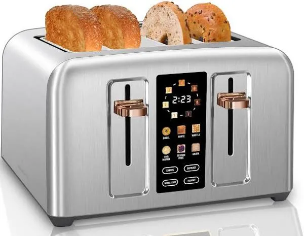 Elegant 4-Slice Stainless Toaster with LCD, 6 Bread Types &amp; 1800W Power