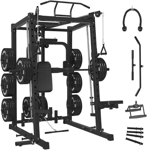 Mikolo Smith Machine Home Gym, Multi-Functional Squat Rack with Lat Pull Down System, Workout Station with Weight Bar, Bend Peg and Other Functional