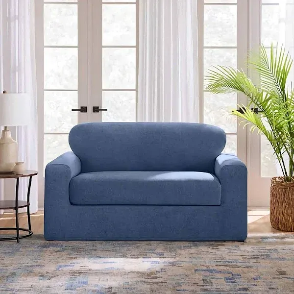 SureFit Cedar Stretch Texture Loveseat Slipcovers, Two-Piece Loveseat Cover and Cushion Cover for A Secure Fit, Machine Washable Cushion and Loveseat Covers, Indigo