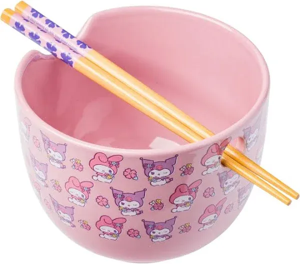 Silver Buffalo Sanrio My Melody And Kuromi Pastel Floral Pattern Ceramic Ramen Bowl with Chopsticks