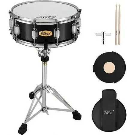 Eastar 14 inch Practice Snare Drum Kit with Drum Sticks/Stand/Mute Pad/Snare Drum Bag/Drum Key for Kid/Student/Beginner, USA / Starry Black