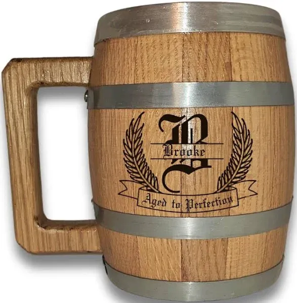 Personalized Oak Wood Barrel Beer Mug Tankard with Stainless Steel Interior - Engraved with Your Name