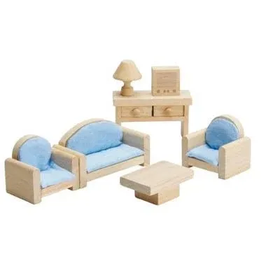 PlanToys Wooden Classic Line of Dollhouse Furniture- Living Room Set (9015) | Sustainably Made from Rubberwood and Non-Toxic Paints and Dyes | PlanNatural Classic Wooden Toy Collection