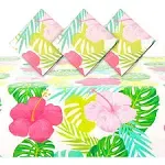 Sparkle and Bash Floral Plastic Tablecloth for Hawaiian Luau Party (54 x 108 in, White, 3 Pack)