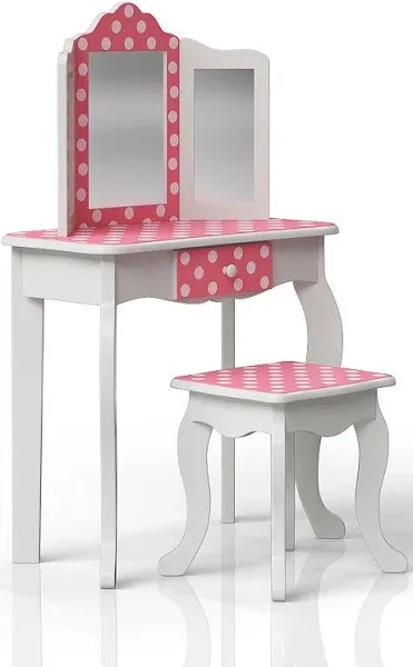 Teamson Kids Princess Gisele Polka Dot Print 2-Piece Kids Wooden Play Vanity Set with Vanity Table, Tri-Fold Mirror, Storage Drawer, and Matching Stool, White with White/Pink Polka Dot Accent