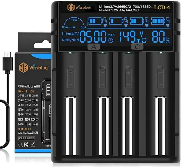 WISSBLUE 18650 Battery Charger, LCD Screen Can Display 4 port, Black 