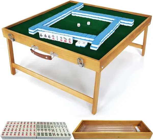 Mahjong Table with Tiles Set, Portable Mahjong Game Set of Foldable Wooden Table with 144pcs Mah Jongg Tiles,1pc MaJiang Tile Storage Box, 1pc Bag and 4pc All in One Racks [麻将套装]