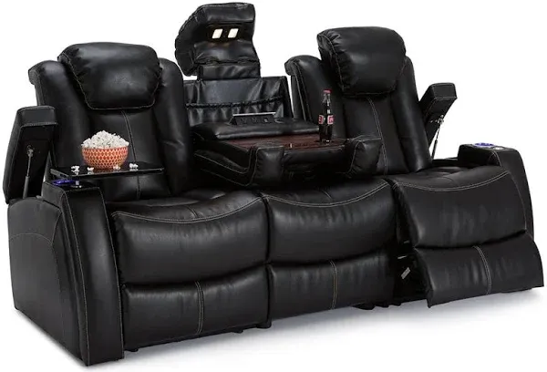 Seatcraft Omega Home Theater Seating - Living Room - Leather Gel - Power Recline - Power Headrests - USB Charging - Lighted Cup Holders - Center Storage Console (Loveseat, Brown)