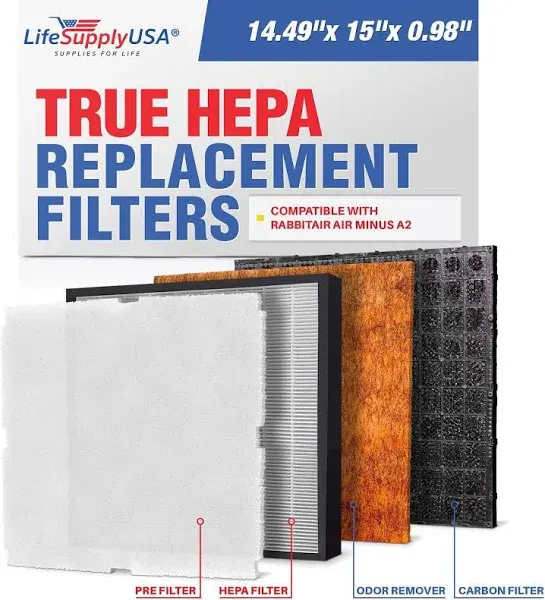 LifeSupplyUSA Set of 4 Replacement Filter Kit Compatible with RabbitAir Air MinusA2 SPA-700A & SPA-780A Air Units