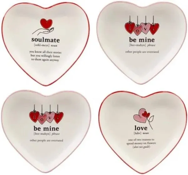 Valentine&#039;s Day White and Red Heart Shaped Tid Bit Dinner Plates(Set of 4)