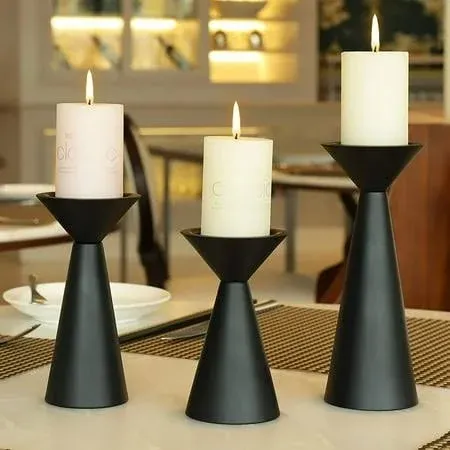 Black Candle Holders Set of 3 - Metal Candle Holders for Pillar Candles - 3 Pill