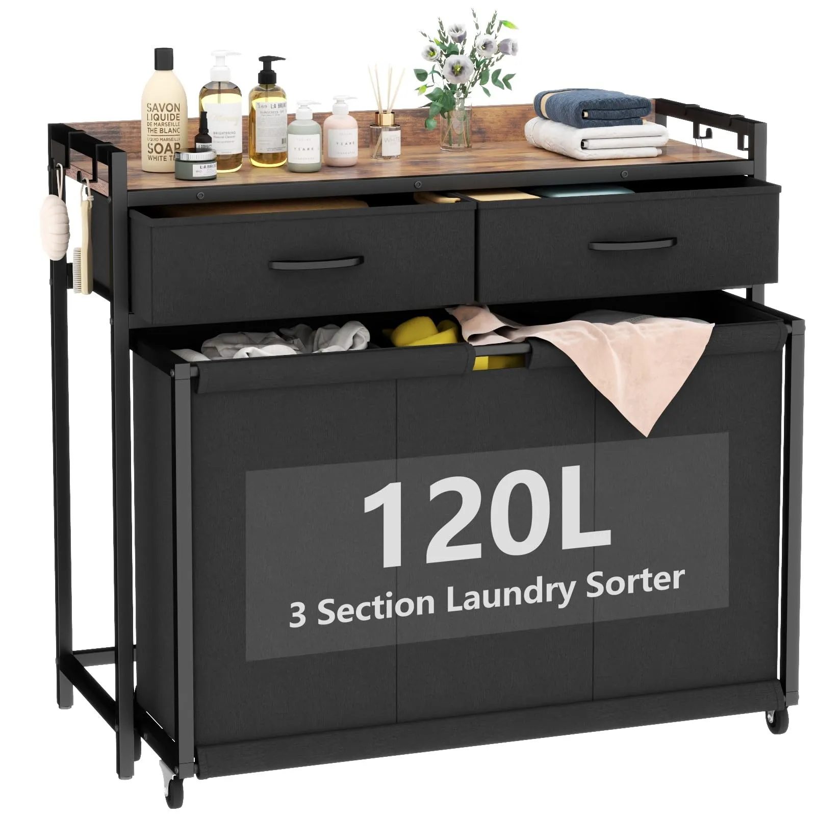 Laundry Sorter, Rolling Laundry Hamper with 3 Section Pull-Out Bags, Laundry ...