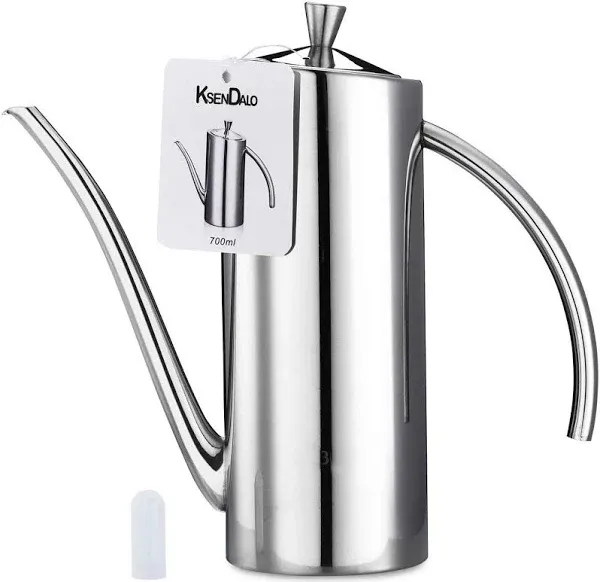 KSENDALO SUS304 Stainless Steel Oil Can(700mL/0.74Quart) - Leakproof Cruet with Spout for Easy Precision Pouring of Olive Oil, Vinegar, and Grease for Kitchen Use& Drip-Free Storage, Silver