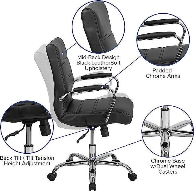 Flash Furniture Mid-Back Black LeatherSoft Executive Swivel Office Chair with Rose Gold Frame and Arms