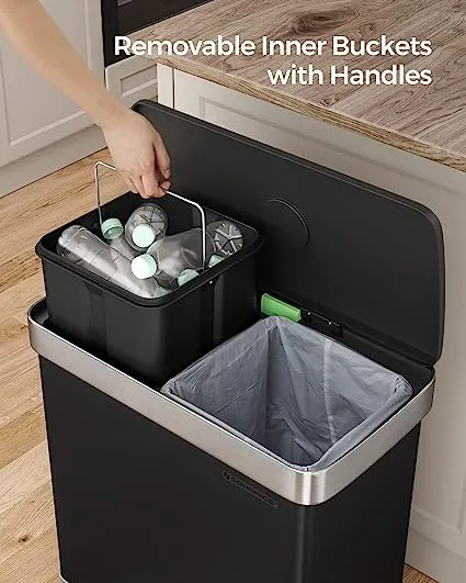 SONGMICS Kitchen Trash Can, 16 Gallon (2 x 8 Gallon) Dual Compartment Garbage Can, 60L Pedal Recycling Bin, Stay-Open Lid and Soft Closure, Stainless Steel, 15 Trash Bags Included, Black ULTB202B01