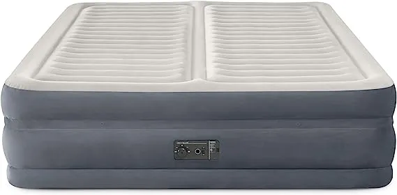 Intex Deluxe Dual Zone 22 Inch King Sized Air Mattress Fiber Tech Construction for Added Comfort and Support with Built in Air Pump, Gray