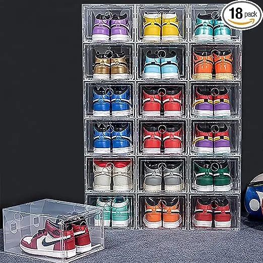 18 Pack Clear Shoe Organizer Stackable Shoe Box Foldable Storage Bins Shoe Container Box Large Size Bins