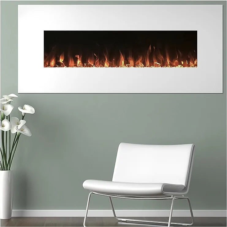 Electric Fireplace - 50 Inch Wall Mounted Fireplace with 10-Color LED Flames, 3 Backgrounds, Adjustable Brightness, and Remote by Northwest (White)