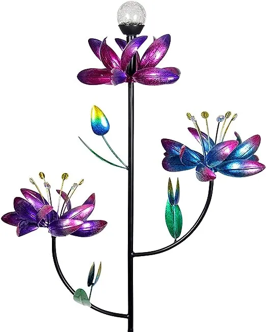 Exhart Flower Wind Spinner Garden Stake with Two Metallic Flowers, 20 by 47 Inches