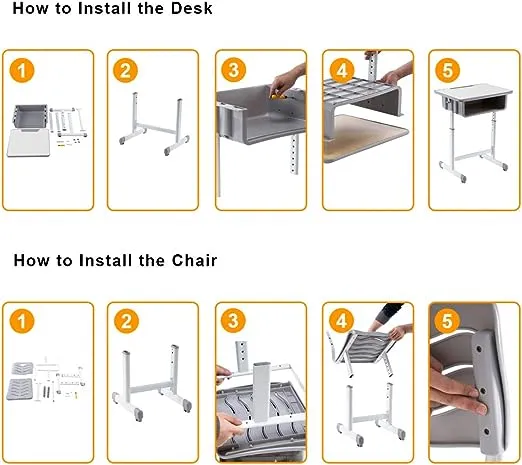 Student Desk and Chair Combo, Height Adjustable School Desk and Chair Workstation with Drawer, Pencil Grooves and Hanging Hooks for Home, School and Training (Black&White)