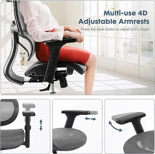 Ergonomic Office Chair, High Back Desk Chair, Swivel Mesh Computer Task Chair with Dynamic Lumbar Support, Tilt Function, Executive Home Office Chair with 3D Adjustable Headrest and Armrests, Black