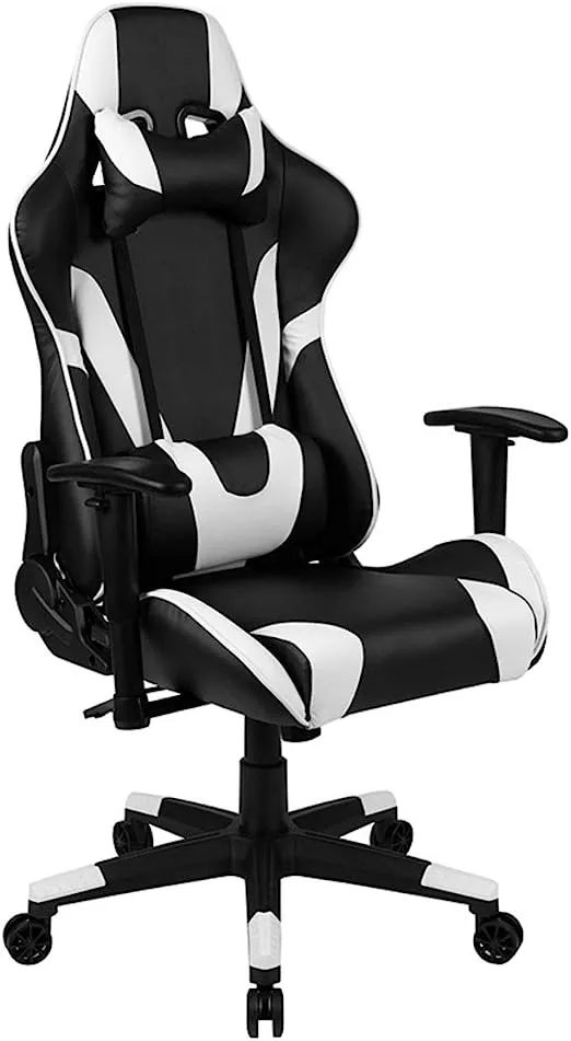 Flash Furniture X20 Fully Reclining LeatherSoft Racing Style Gaming Chair with Headrest, Lumbar Pillows, Ergonomic Swivel Computer Chair, Black/White