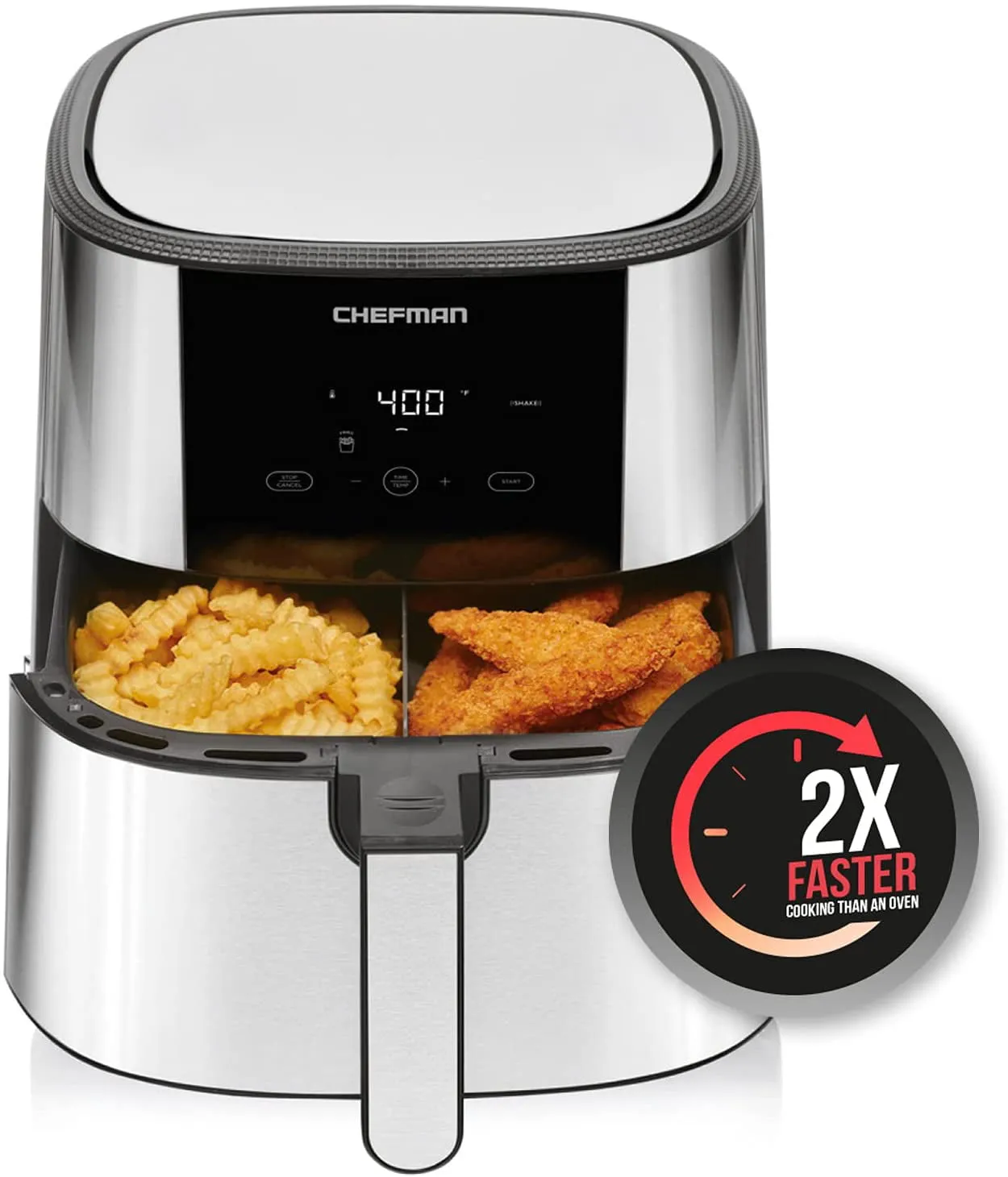 Chefman TurboFry Touch Air Fryer, Large 5-Quart Family Size, One Touch Digital Control Presets, French Fries, Chicken, Meat, Fish, Nonstick Dishwasher-Safe Parts, Automatic Shutoff, Stainless Steel