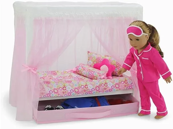 Emily Rose 18" Doll Canopy Bed with 5-Piece Lovely Bedding Set and Doll Clothes Clothing Storage Drawer - 18-inch Doll Bedroom Furniture & Accessories | USA Business | Ideal Bed for 14"-19" Dolls