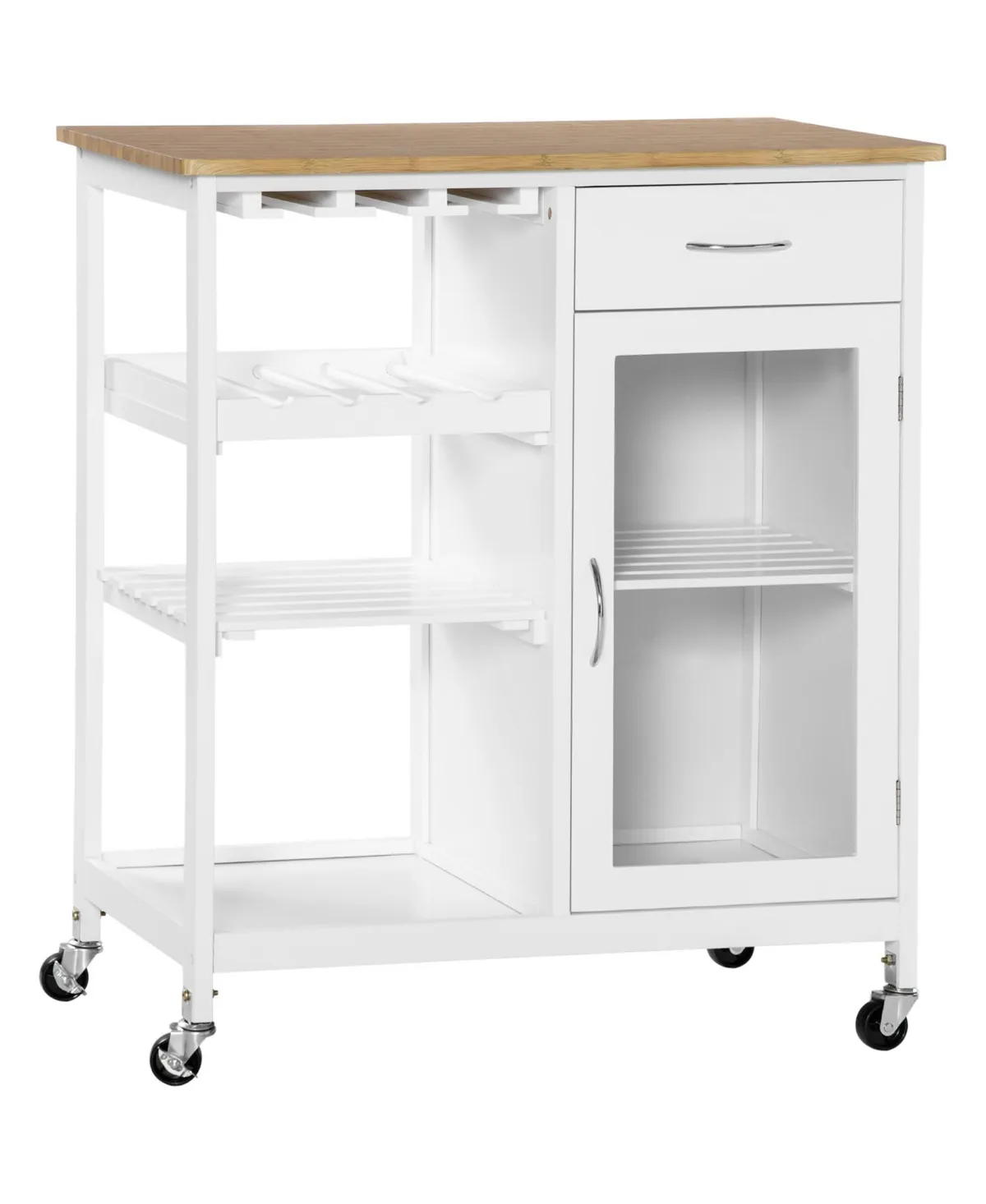 HOMCOM Rolling Kitchen Island with Storage, Kitchen Cart with 4-Bottle Wine Rack, Bar Cart with Stemware Holder, Shelves, Drawer and Cabinet, White