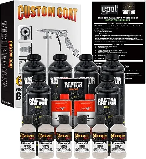 U-POL Raptor GM White Urethane Spray-On Truck Bed Liner Kit with Custom Coat Spray Gun with Regulator, 6 Liters