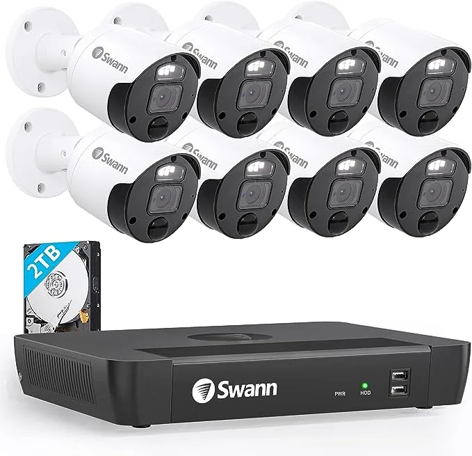 Swann Home Security Cameras with 2TB HDD, 4K Ultra HD NVR Security Camera System, 6 Cam 8 Channel, Wired Surveillance Security Camera Outdoor Indoor, PoE, Color Night Vision, Heat Motion Detection