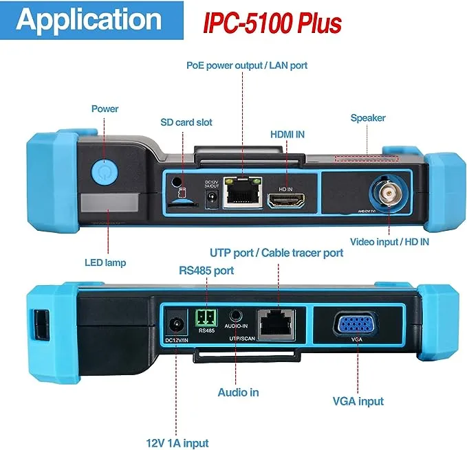 Rsrteng IP Camera Tester, IPC-5100 Plus 8MP AHD CVI TVI CVBS IP Camera Test 4K HD Display Video Monitor 5inch IPS Touch Screen IPC Tester Support POE PTZ W-i-F-i RS485 HDMI & VGA Input DC12V Output