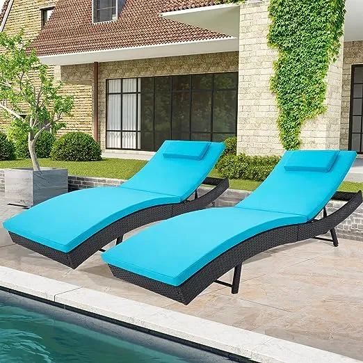 Adjustable Black Wicker Outdoor Chaise Lounge with Blue Cushions