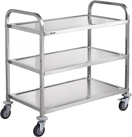 VEVOR Kitchen Utility Cart, 3 Tiers, Wire Rolling Cart w/ 450LBS Capacity, Steel Service Cart on Wheels, Metal Storage Trolley w/ 80mm Basket Curved Handle PP Liner 6 Hooks, for Indoor and Outdoor Use