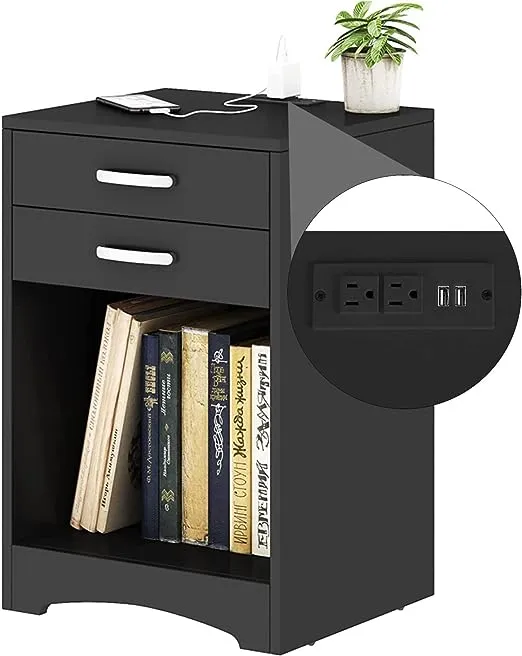 Black Nightstand with Charging Station 2 Drawer Bedroom Nightstand Wood Sofa Side Table End Table with USB Ports and Storage, Small Kids Nightstand