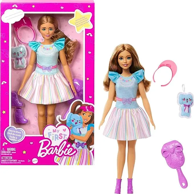 Barbie: My First Preschool Doll, Brooklyn with 13.5-inch Soft Posable Body & Black Hair, Plush Poodle & Accessories