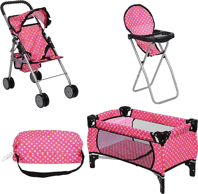 fash n kolor Doll Play Set 3 in 1 Doll Set, 1 Pack N Play. 2 Doll Stroller 3.Doll High Chair. Fits Up to 18'' Doll (Polka DOT)