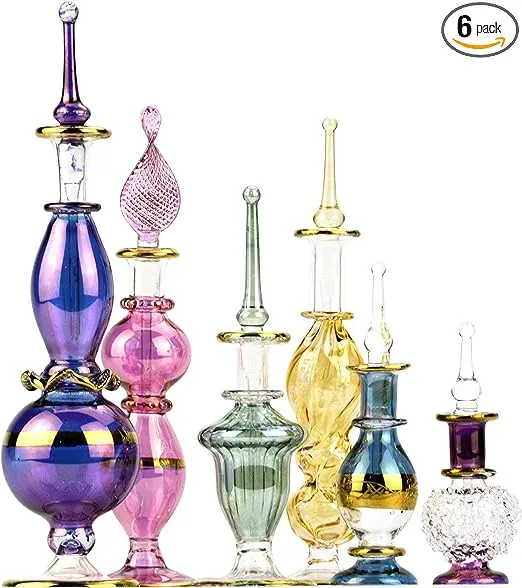 NileCart Egyptian Perfume Bottles 2-5 in Collection Set of 6 Mouth-Blown Decorative Glass with Handmade Golden Egyptian Decoration for Perfumes & Essential Oils