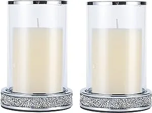 Pillar Candle Holders set of 2,Hurricane Candle Holders for Pillar Candle,Glass Candle Holder for Coffee Dining Table, Wedding, Christmas, Halloween, Home Decoration,Silver Candle Holders