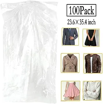 100 Pack Garment Bag Transparent Clothing Dust Cover Dustproof Hanging Clothes Suit Dress Jacket Cover for Dry Cleaner, Home Storage,Travel, Clothes Storage Closet,23.6 x 35.4 inches